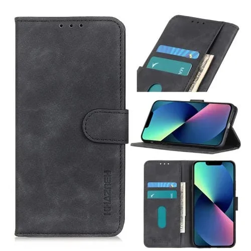 Funda para iPhone 13 Mini Khazneh Textura Retro PU + TPU Cuero con Tapa Horizontal Soporte y Ranuras para Tarjetas y Billetera (Negro)