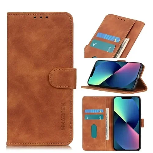 Funda para iPhone 13 Mini Khazneh Textura Retro PU + TPU Cuero con Tapa Horizontal Soporte y Ranuras para Tarjetas (Marrón)