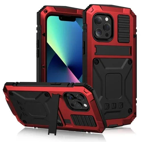 Funda para iPhone 13 Mini R-Just a Prueba de Golpes Agua Polvo Metal y Silicona con Soporte (Rojo)