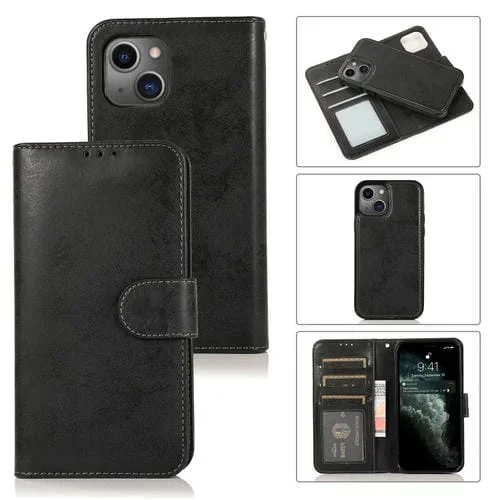 Funda para iPhone 13 Mini Retro 2 en 1 Cuero Tapa Horizontal Desmontable Ranuras para Tarjetas (Negro)
