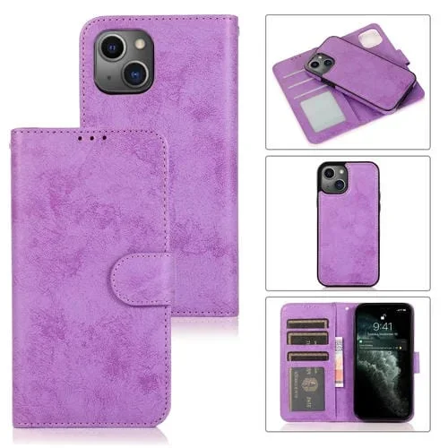 Funda para iPhone 13 Mini Retro 2 En 1 Cuero TPU + PU Tapa Horizontal Magnética Desmontable Soporte Ranuras Tarjetas Marco Fotos Billetera (Púrpura)