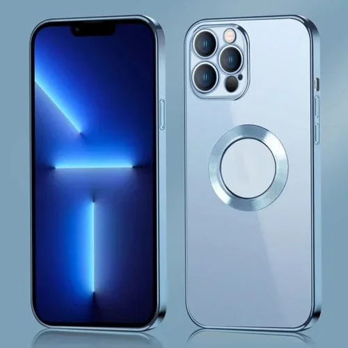 Funda para iPhone 13 Pro 9D Anillo de Metal Borde Galvanizado Clear PC TPU a Prueba de Golpes (Sierra Blue)
