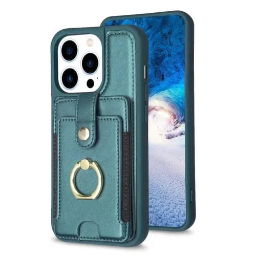 Funda para iPhone 13 Pro Bf27 Anillo de Metal Tarjeta Bolsa Titular Caja del Teléfono (Verde)