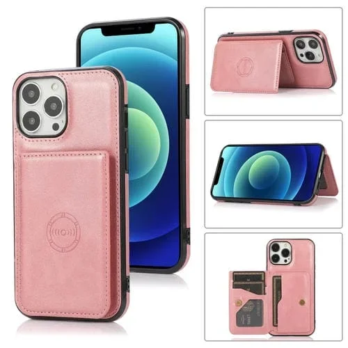 Funda para iPhone 13 Pro Calf Texture Bolsa de Tarjeta Magnética PU a Prueba de Golpes con Soporte y Ranura (Oro Rosa)