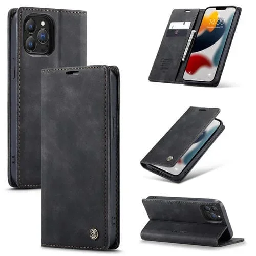 Funda para iPhone 13 Pro Caseme-013 Cuero con Tapa Horizontal Esmerilada Retro Multifuncional Ranura para Tarjeta Soporte Billetera (Negro)
