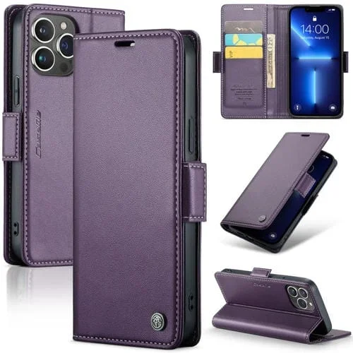 Funda para iPhone 13 Pro Caseme 023 Hebilla de Mariposa Litchi Textura Rfid Cuero Antirrobo (Púrpura Nacarado)