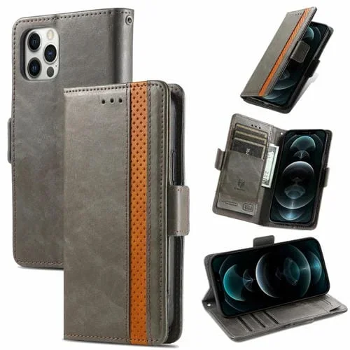 Funda para iPhone 13 Pro Caseneo Business Splicing Dual Magnetic Buckle Horizontal Flip PU Cuero con Soporte y Ranuras para Tarjetas y Billetera (Gris)