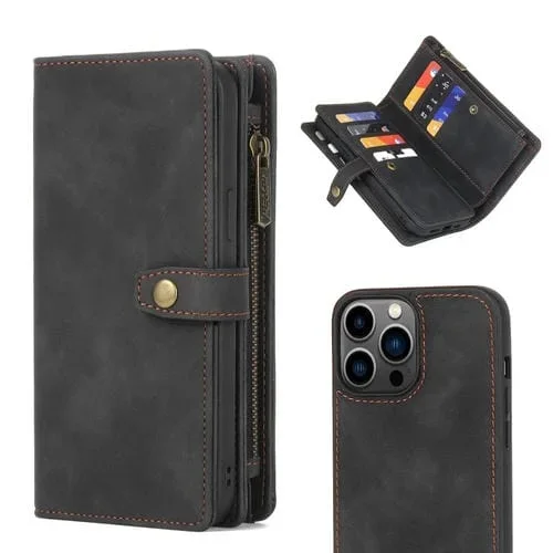 Funda para iPhone 13 Pro con Cremallera Desmontable Magsafe Funda de Cuero (Negro)