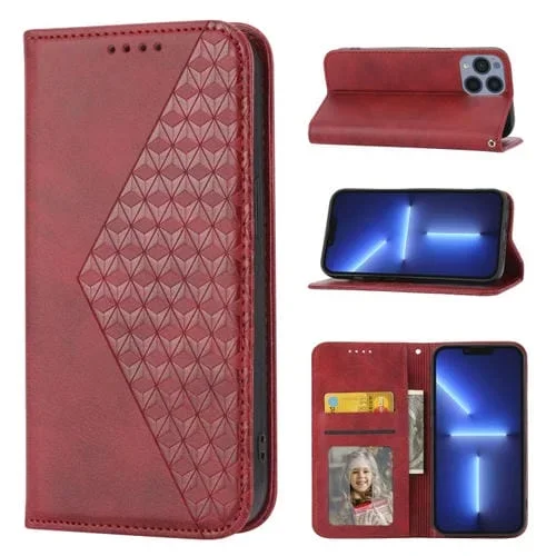 Funda para iPhone 13 Pro Cubic Grid Calf Texture Cierre Magnético Cuero (Rojo)