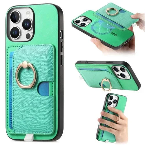 Funda para iPhone 13 Pro Cuero con Ranuras para Tarjetas y Anillo (Verde)
