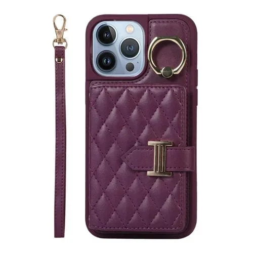 Funda para iPhone 13 Pro Horizontal Card Bag Ring Holder con Doble Cordón (Morado Oscuro)