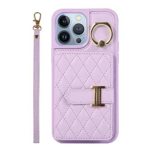 Funda para iPhone 13 Pro Horizontal Card Bag Ring Holder con Doble Cordón (Púrpura)