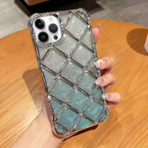 Funda para iPhone 13 Pro Max 3D Diamond Lattice Laser Engraving Glitter Paper (Gradiente de Plata)