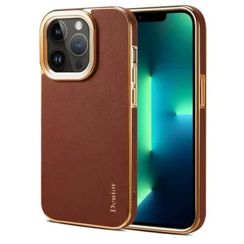 Funda para iPhone 13 Pro Max Denior Cowhide Leather Plating Phone Case (Marrón)