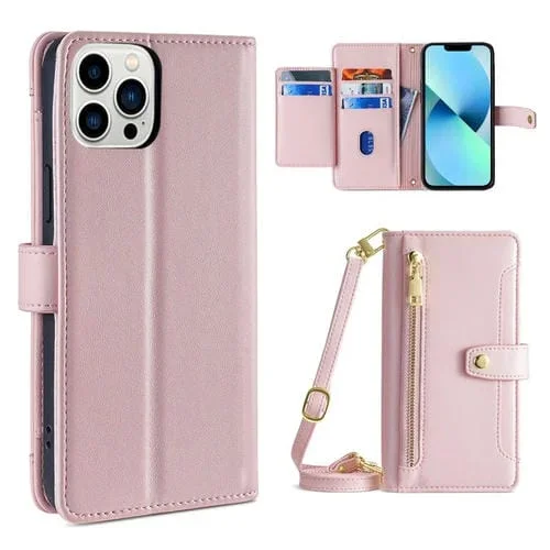 Funda para iPhone 13 Pro Max Sheep Texture Cross-Body Zipper Wallet de Cuero (Rosa)