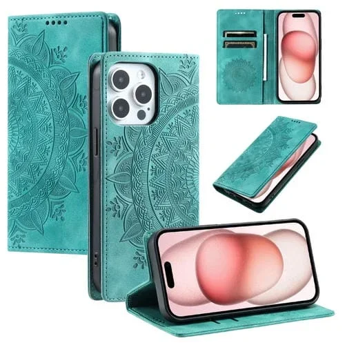 Funda para iPhone 13 Pro Max Totem Cuero Magnética en Relieve (Verde)
