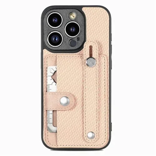 Funda para iPhone 13 Pro Max Wristband Kickstand Card Wallet Back Cover con Tool Knife (Khaki)