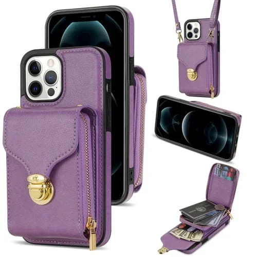 Funda para iPhone 13 Pro Max Zipper Hardware Card Wallet Phone Case (Púrpura)