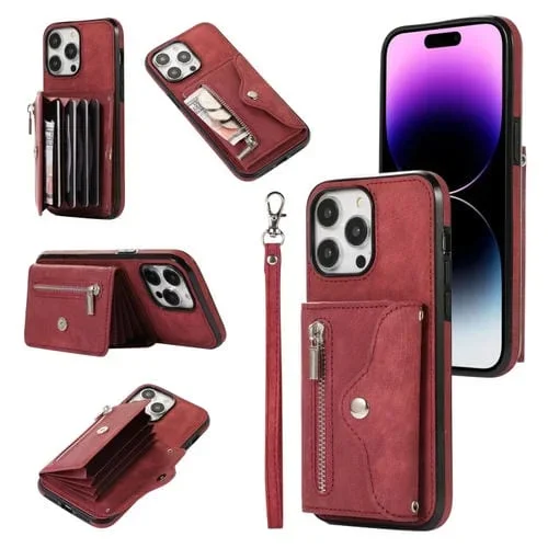 Funda para iPhone 13 Pro Max Zipper Rfid Card Slot con Cordón Corto (Rojo)