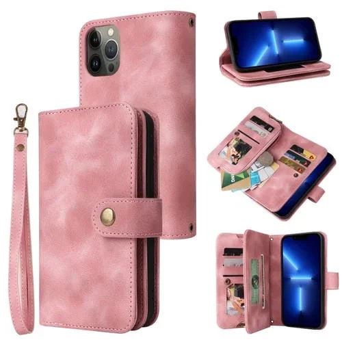 Funda para iPhone 13 Pro Ranura para Tarjeta Multifuncional Cremallera Cartera Flip de Cuero (Oro Rosa)
