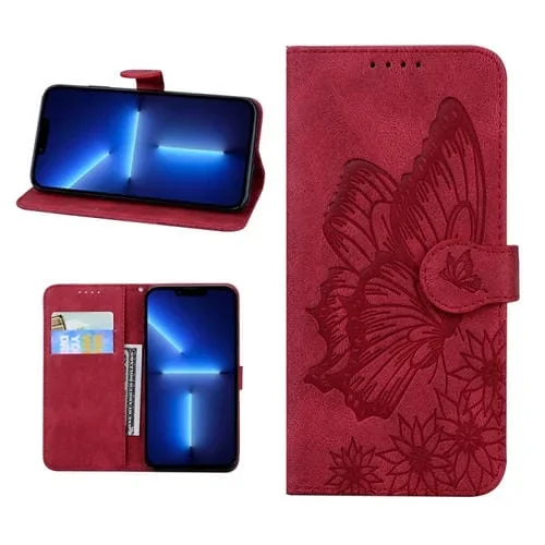 Funda para iPhone 13 Pro Retro Skin Feel Butterflies Relieve Cuero con Tapa Horizontal Soporte y Ranuras (Rojo)
