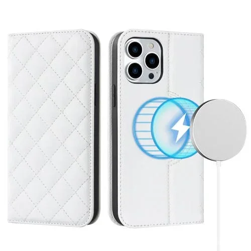 Funda para iPhone 13 Pro Rhombic Magsafe Rfid Antirrobo Cuero con Billetera (Blanco)