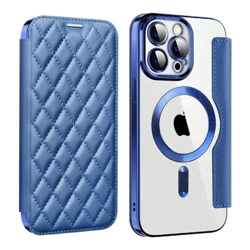Funda para iPhone 13 Pro Shield Magsafe Rfid Antirrobo Cuero Forma Rombo (Azul Oscuro)