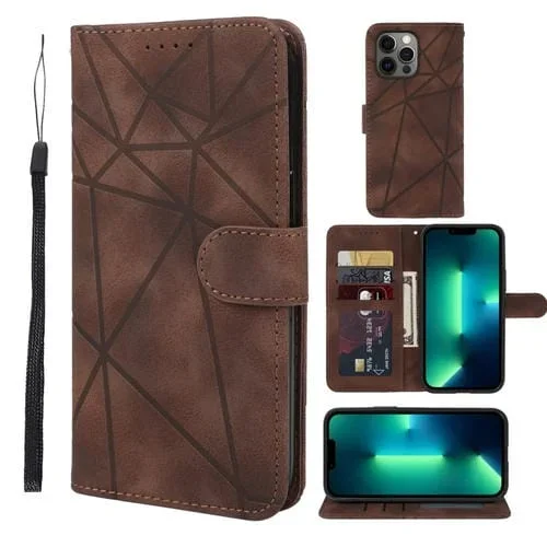 Funda para iPhone 13 Pro Skin Feel Cuero Líneas Geométricas (Marrón)