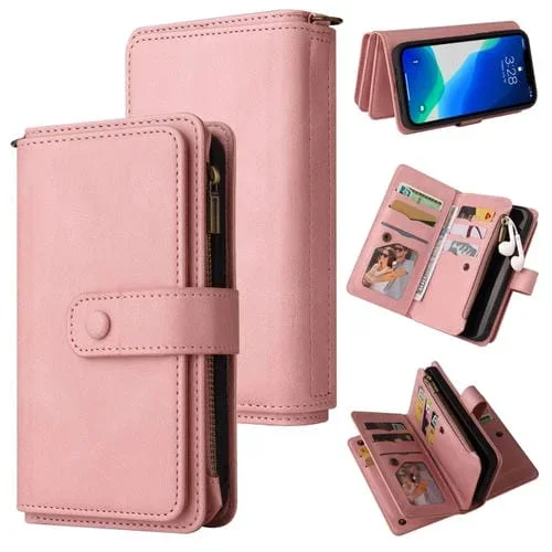 Funda para iPhone 13 Pro Skin Feel PU + TPU con Tapa Horizontal, Soporte, Ranura para 15 Tarjetas, Billetera, Bolsillo con Cremallera y Cordón (Rosa)