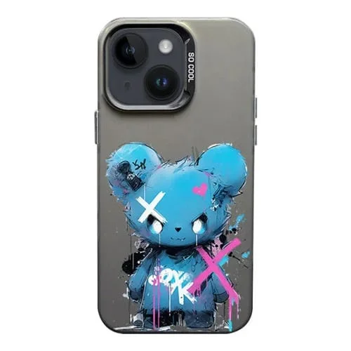 Funda para iPhone 14 Color Ink Frosted PC + Estuche TPU Oso Azul
