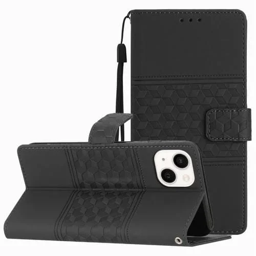 Funda para iPhone 14 Diamond Embossed Skin Feel de Cuero con Cordón (Negro)