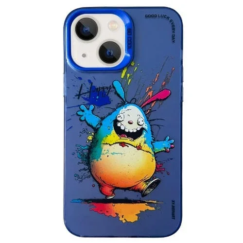 Funda para iPhone 14 Doble Capa Serie Plateada con Pintura al Óleo Animal (Conejo Feliz)