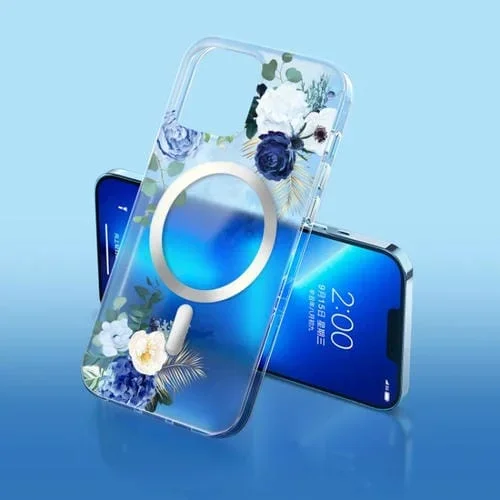 Funda para iPhone 14 Flower Frosted Magsafe Phone Case (Flor Azul)