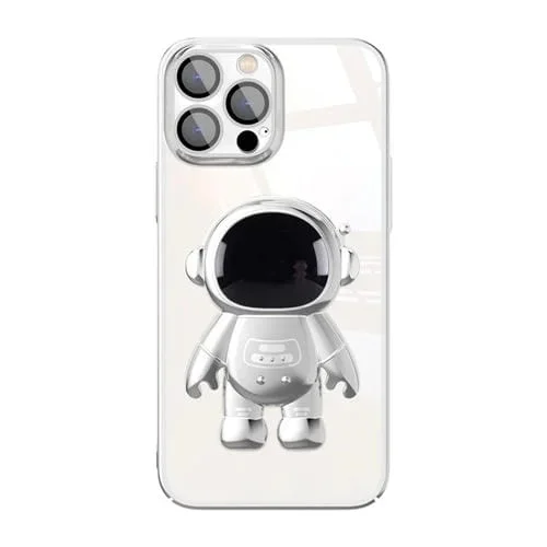Funda para iPhone 14 Galvanoplastia PC Astronaut Holder con Lente Film (Silver)