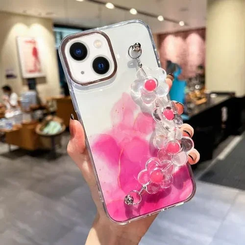 Funda para iPhone 14 Gold Halo Marble Pattern con Pulsera de Flores (Rosa)