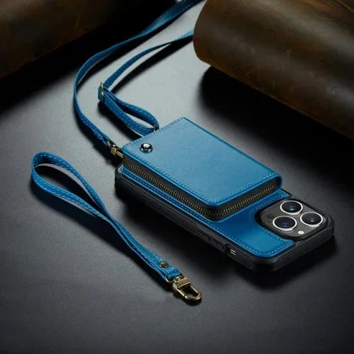 Funda para iPhone 14 Jeehood C22 Series con Cremallera y Cordón Largo y Corto (Azul)