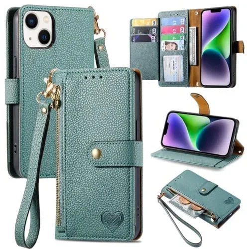 Funda para iPhone 14 Love Zipper Lanyard Cuero para Teléfono (Verde)
