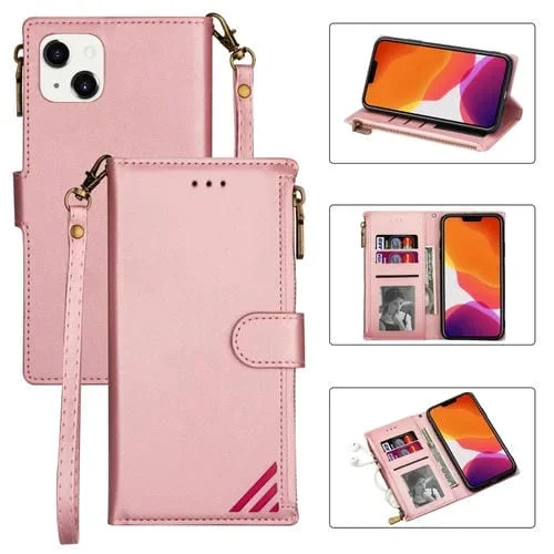 Funda para iPhone 14 Max Cuero con Cremallera y Ranuras para Tarjetas Múltiples (Oro Rosa)