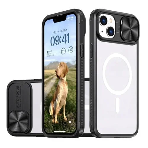 Funda para iPhone 14 Plus Cubierta Deslizante Acrílico Transparente PC TPU Magsafe (Negra)