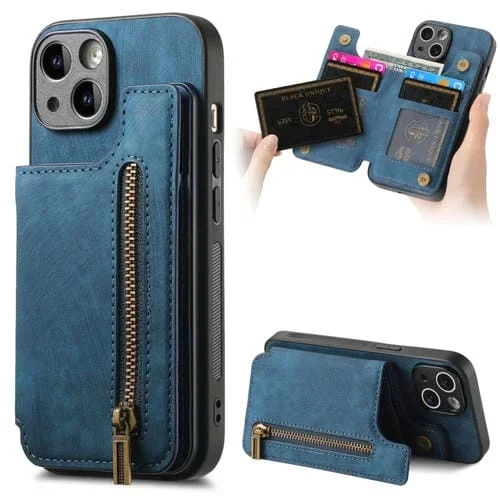 Funda para iPhone 14 Plus Cuero Retro con Cremallera y Billetera (Azul)