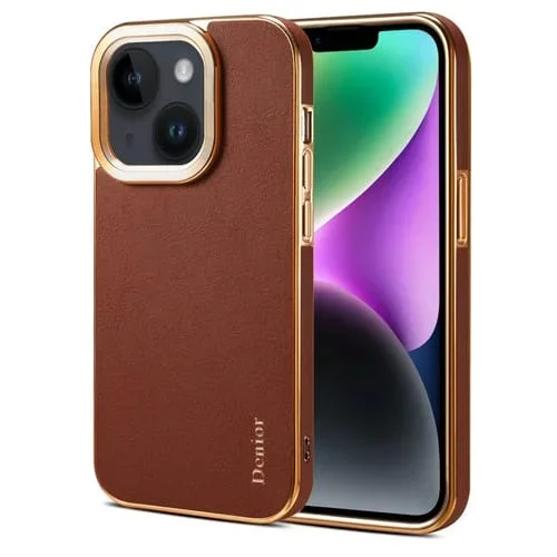 Funda para iPhone 14 Plus Denior Cowhide Leather Plating Phone Case (Marrón)