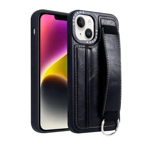 Funda para iPhone 14 Plus Marco de Fotos Tarjeta Monedero Correa Muñeca Contraportada (Negro)