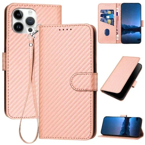 Funda para iPhone 14 Pro Max Yx0070 Cuero Hebilla Fibra de Carbono Cordón (Rosa)