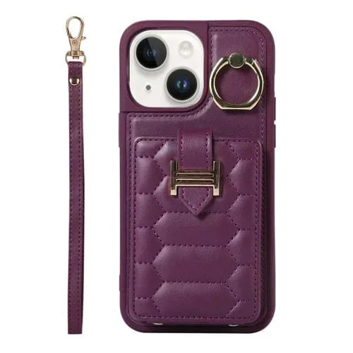 Funda para iPhone 14 Vertical Card Bag Ring Holder con Doble Cordón (Morado Oscuro)