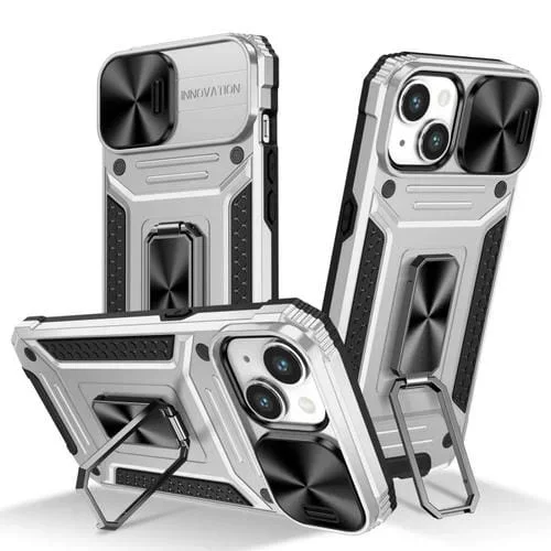 Funda para iPhone 15 Camshield Robot TPU Hybrid PC Protección (Plata)