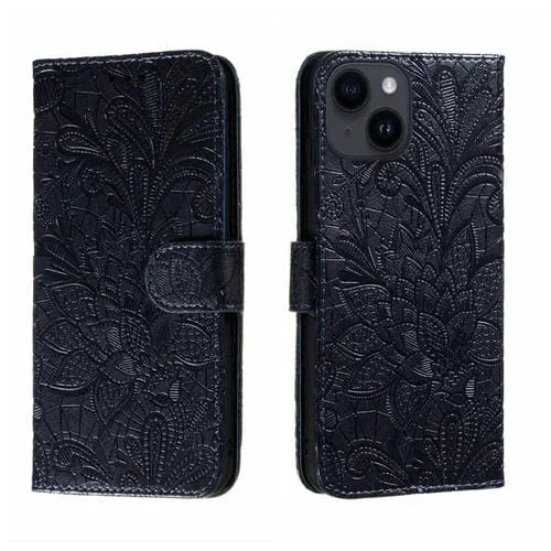 Funda para iPhone 15 Cuero con Tapa y Estampado de Flores de Encaje (Azul Oscuro)