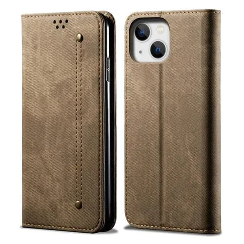 Funda para iPhone 15 Cuero Denim Texture con Tapa Horizontal (Caqui)