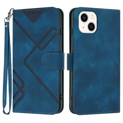 Funda para iPhone 15 Cuero Sensación de Piel Patrón de Líneas (Azul Real)