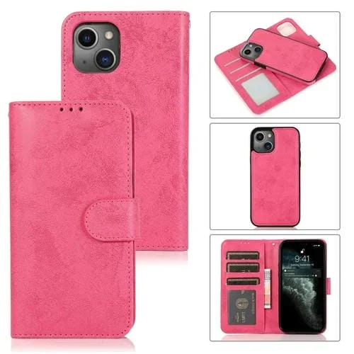 Funda para iPhone 15 de Cuero Desmontable 2 en 1 (Rosa)