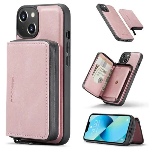 Funda para iPhone 15 Jeehood de Cuero con Billetera y Cremallera Magnética (Rosa)